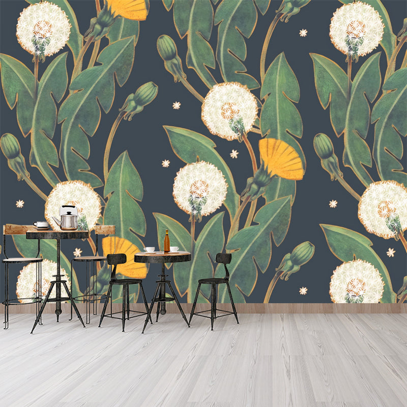 Minimalist Flower and Leaf Mural in Blue and Green Living Room Wall Covering, Custom-Printed Green Clearhalo 'Wall Decor' 'Wall Mural' 976823