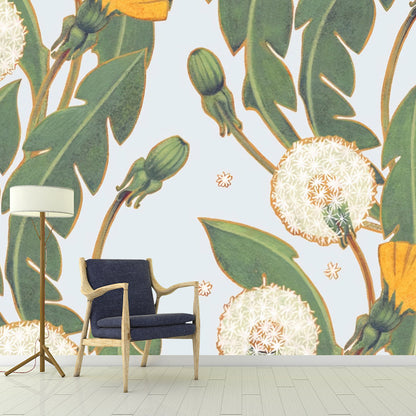 Minimalist Flower and Leaf Mural in Blue and Green Living Room Wall Covering, Custom-Printed Aqua Clearhalo 'Wall Decor' 'Wall Mural' 976828