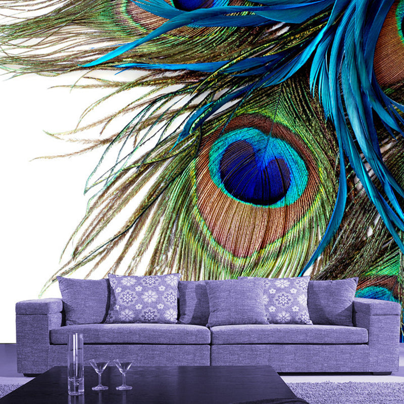 Customized Size Photography Fresh Mural Wallpaper for Accent Wall with Peacock Feather in Blue and Green Blue-Green Clearhalo 'Wall Decor' 'Wall Mural' 976833
