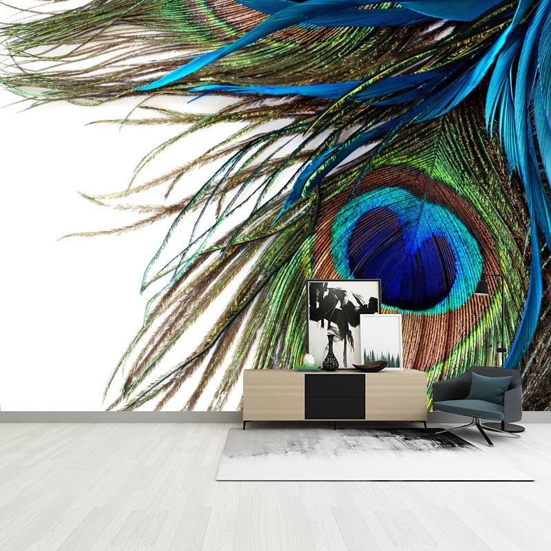 Customized Size Photography Fresh Mural Wallpaper for Accent Wall with Peacock Feather in Blue and Green Clearhalo 'Wall Decor' 'Wall Mural' 976834