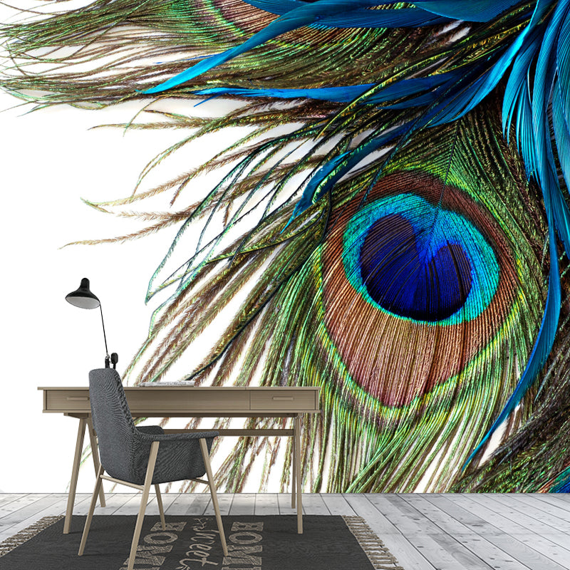 Customized Size Photography Fresh Mural Wallpaper for Accent Wall with Peacock Feather in Blue and Green Clearhalo 'Wall Decor' 'Wall Mural' 976835