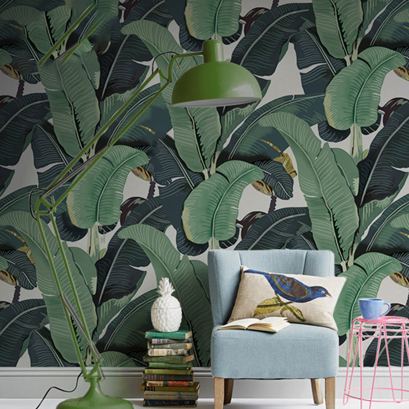 Tropical Banana Leaves Wall Mural for Thai Restaurant, Custom-Made Wall Covering in Green Clearhalo 'Wall Decor' 'Wall Mural' 976874