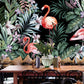 Whole Illustration Tropical Wall Mural for Guest Room with Flamingo and Plant in Pink and Green Clearhalo 'Wall Decor' 'Wall Mural' 977063