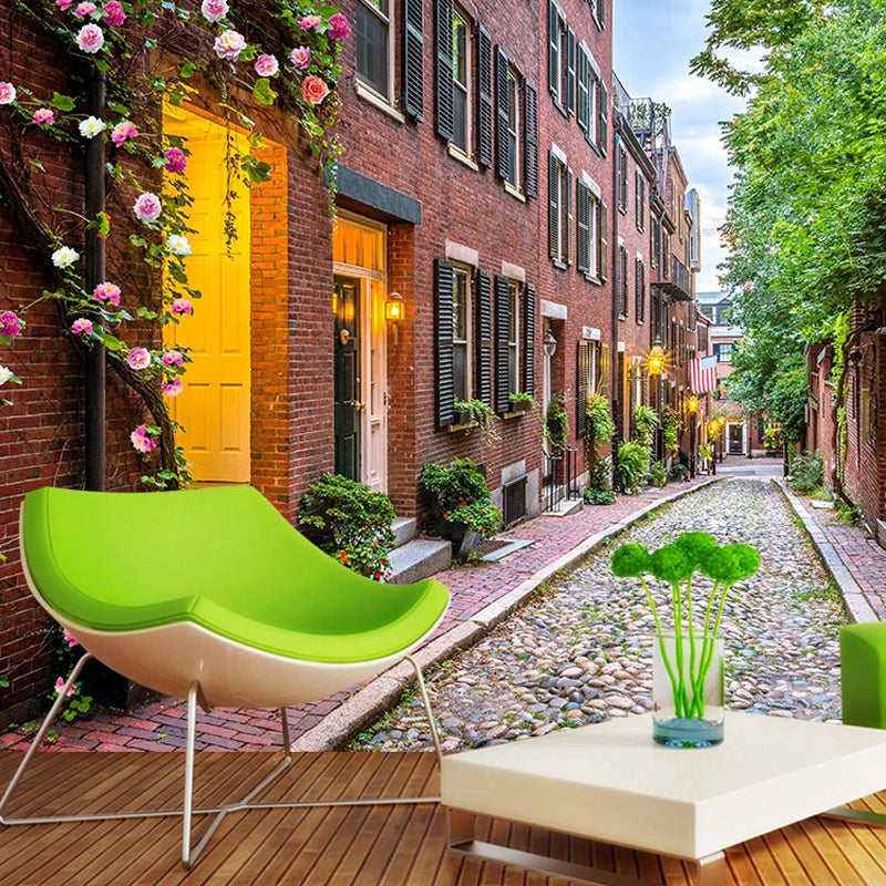 Red European Town Wall Mural Water-Resistant Wall Covering for Theme Restaurant Decoration Brick Red Clearhalo 'Wall Decor' 'Wall Mural' 977096