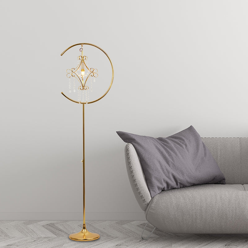 Scrolled Frame Floor Lighting Contemporary Metal 1 Light Gold Standing Lamp with Crystal Strand Design Gold Clearhalo 'Floor Lamps' 'Lamps' Lighting' 977111