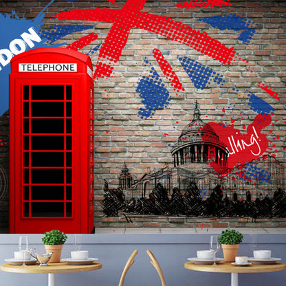 Stain-Resistant Telephone Booth Mural Non-Woven Fabric Nostalgic Wall Art for Coffee Shop Red-Blue Clearhalo 'Wall Decor' 'Wall Mural' 977144