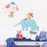 Cartoon Elephant Wall Mural Decal for Kid, Personalized Size Wall Art in Blue and White