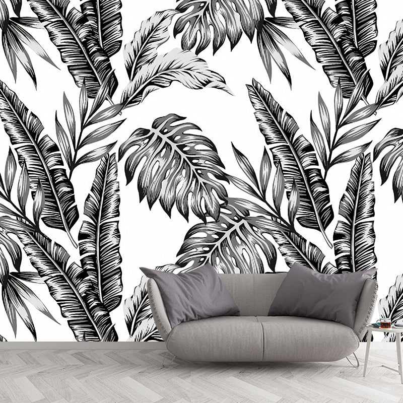 Full Size Minimalist Wall Decor in Black and White Tropical Leaves Mural Wallpaper, Made to Measure Black-White Clearhalo 'Wall Decor' 'Wall Mural' 977309