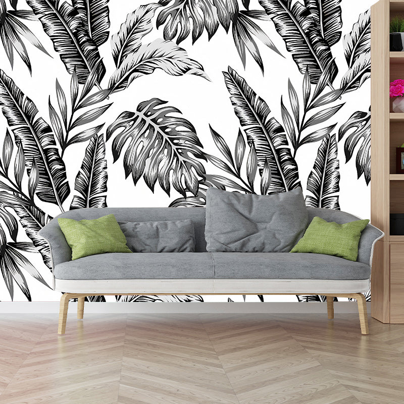 Full Size Minimalist Wall Decor in Black and White Tropical Leaves Mural Wallpaper, Made to Measure Clearhalo 'Wall Decor' 'Wall Mural' 977310