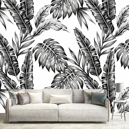 Full Size Minimalist Wall Decor in Black and White Tropical Leaves Mural Wallpaper, Made to Measure Clearhalo 'Wall Decor' 'Wall Mural' 977311