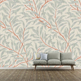 Beige and Green Plant Mural Personalized Size Leaves Wall Covering for Accent Wall