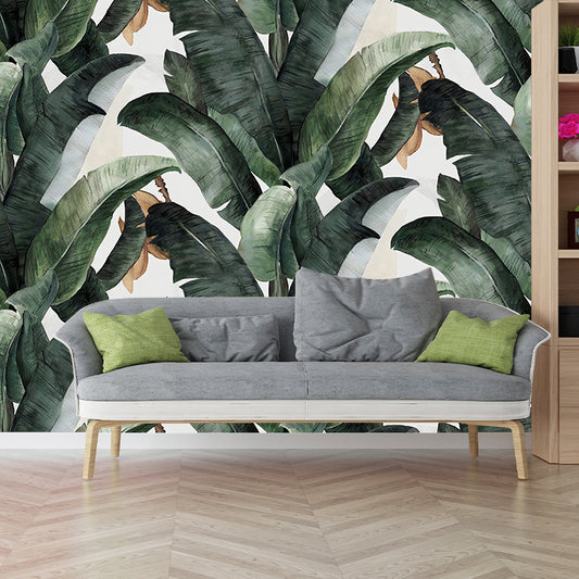 Tropical Banana Leaves Mural Wallpaper for Living Room Decoration, Green and White, Custom-Printed Clearhalo 'Wall Decor' 'Wall Mural' 977410