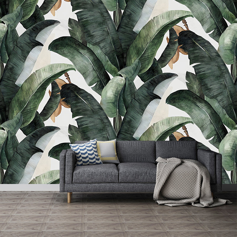 Tropical Banana Leaves Mural Wallpaper for Living Room Decoration, Green and White, Custom-Printed Clearhalo 'Wall Decor' 'Wall Mural' 977411