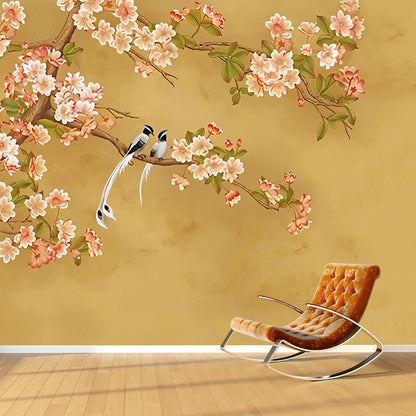 Illustration Magnolia Mural Wallpaper for Living Room, Full Size Wall Art in Yellow and Pink Yellow Clearhalo 'Wall Decor' 'Wall Mural' 977424