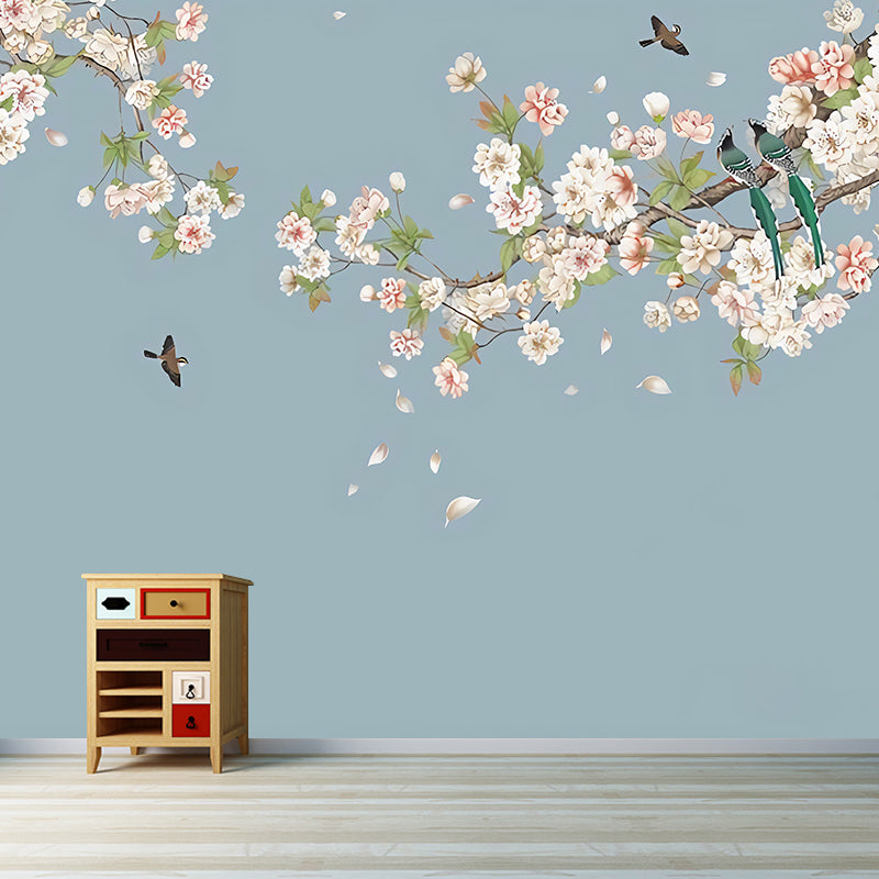 Giant Minimalist Mural Wallpaper Green and Pink Cluster Blossoms Wall Covering, Personalized Size Available Lake Blue Clearhalo 'Wall Decor' 'Wall Mural' 977454