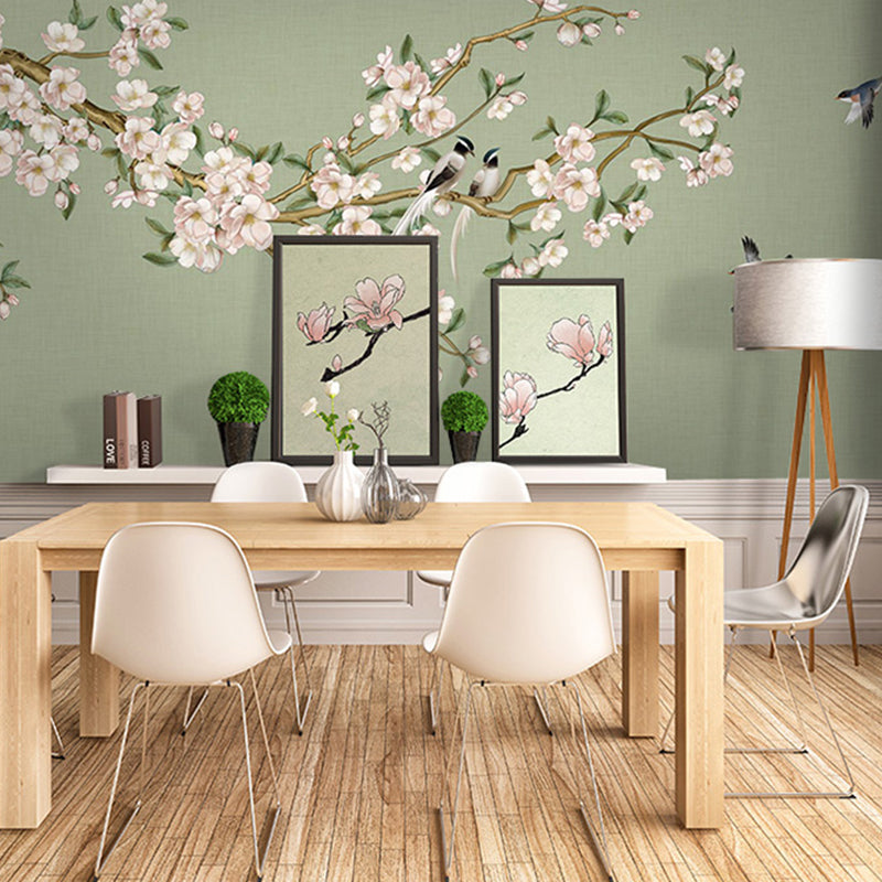 Extra Large Peach Flower Mural in Pink and Green Non-Woven Wall Art for Guest Room, Custom-Printed Light Green Clearhalo 'Wall Decor' 'Wall Mural' 977484