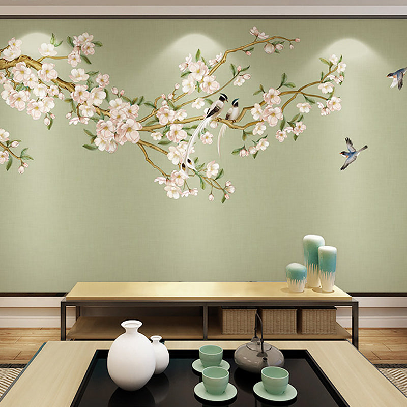 Extra Large Peach Flower Mural in Pink and Green Non-Woven Wall Art for Guest Room, Custom-Printed Clearhalo 'Wall Decor' 'Wall Mural' 977485