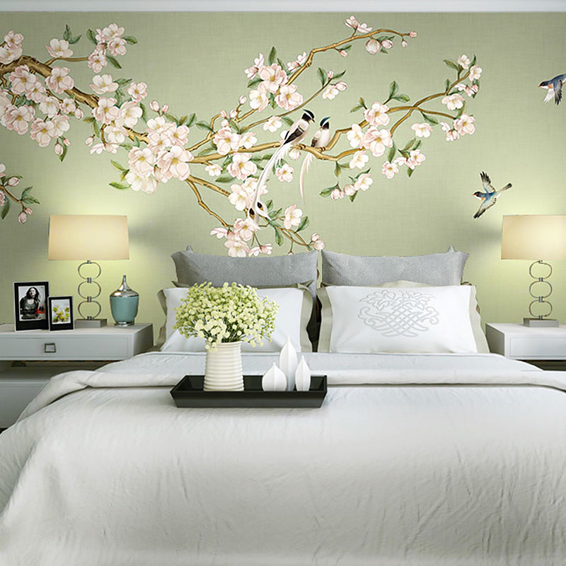 Extra Large Peach Flower Mural in Pink and Green Non-Woven Wall Art for Guest Room, Custom-Printed Clearhalo 'Wall Decor' 'Wall Mural' 977486