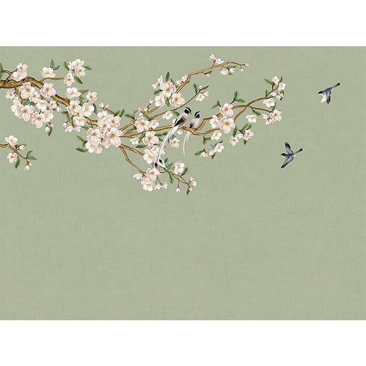 Extra Large Peach Flower Mural in Pink and Green Non-Woven Wall Art for Guest Room, Custom-Printed Clearhalo 'Wall Decor' 'Wall Mural' 977487