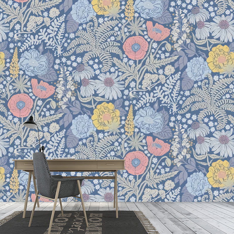 Full Size Plants Wall Mural in Blue Non-Woven Fabric Wall Covering for Accent Wall, Custom Size Available Blue Clearhalo 'Wall Decor' 'Wall Mural' 977544