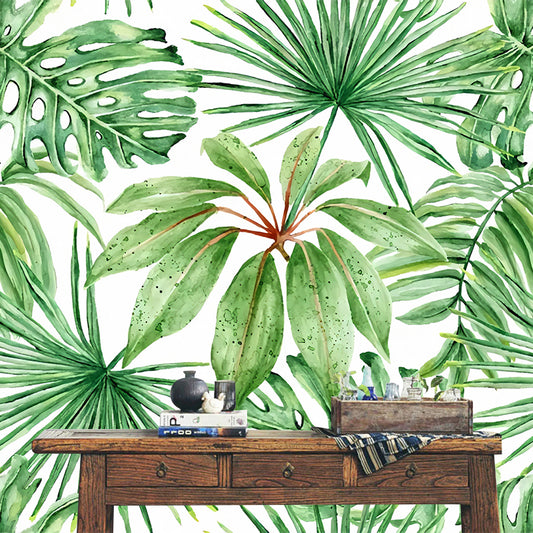 Banana Leaves Wall Art in Soft Green, Contemporary Wall Mural for Thai Restaurant