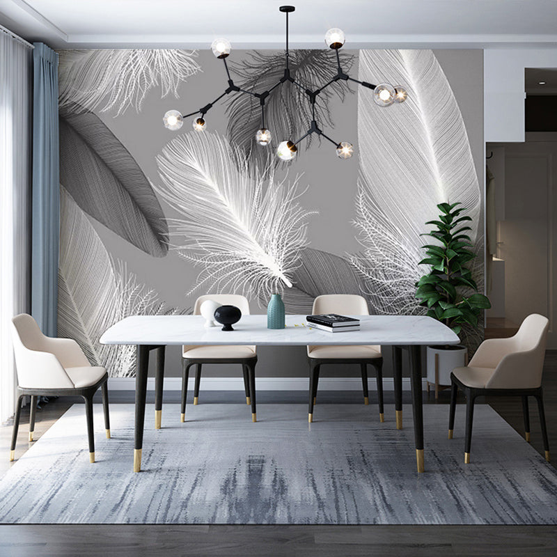 Light Feather Mural Wallpaper for Living Room Decor, Grey and Black, Made to Measure Grey Clearhalo 'Wall Decor' 'Wall Mural' 977654