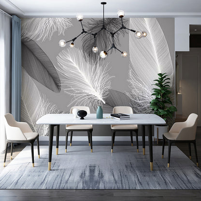 Light Feather Mural Wallpaper for Living Room Decor, Grey and Black, Made to Measure Grey Clearhalo 'Wall Decor' 'Wall Mural' 977654