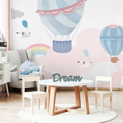 Stain-Resistant Rainbow and Balloon Mural Non-Woven Fabric Wall Art for Kids in Blue and Pink Blue-Pink Clearhalo 'Wall Decor' 'Wall Mural' 977694