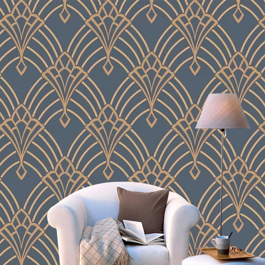 Abstract Fan Wall Mural for Dining Room, Personalized Size Wall Covering in Blue and Yellow