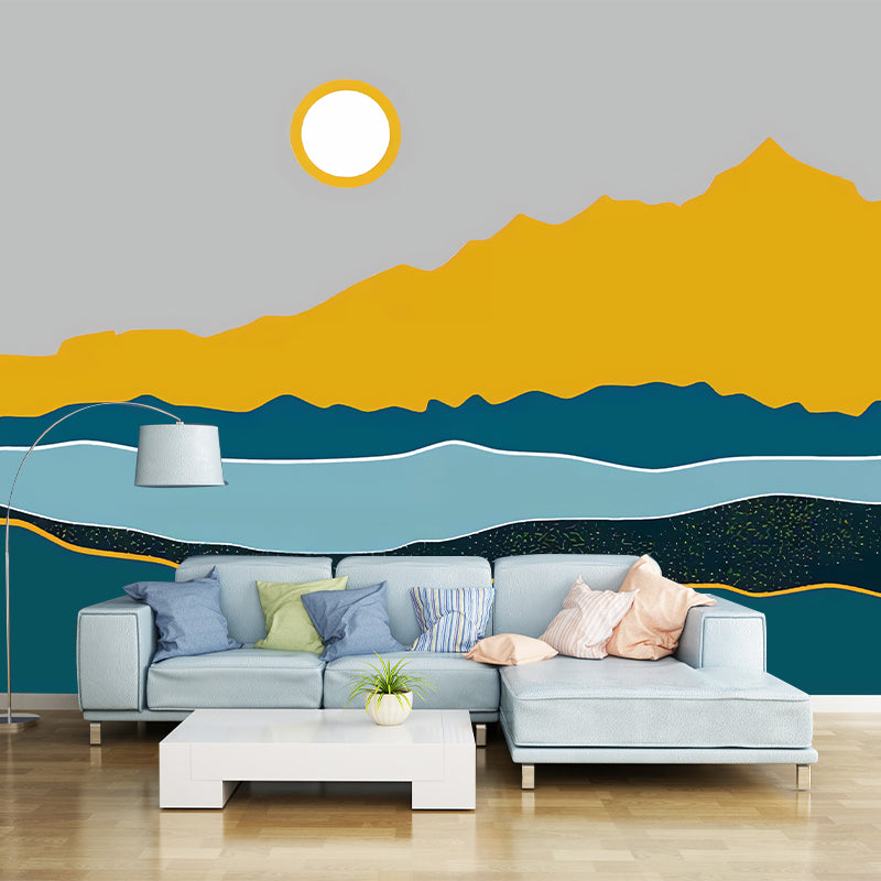 Illustration Sun and River Mural Full Size Wall Covering for Dining Room, Made to Measure Yellow-Blue Clearhalo 'Wall Decor' 'Wall Mural' 977809