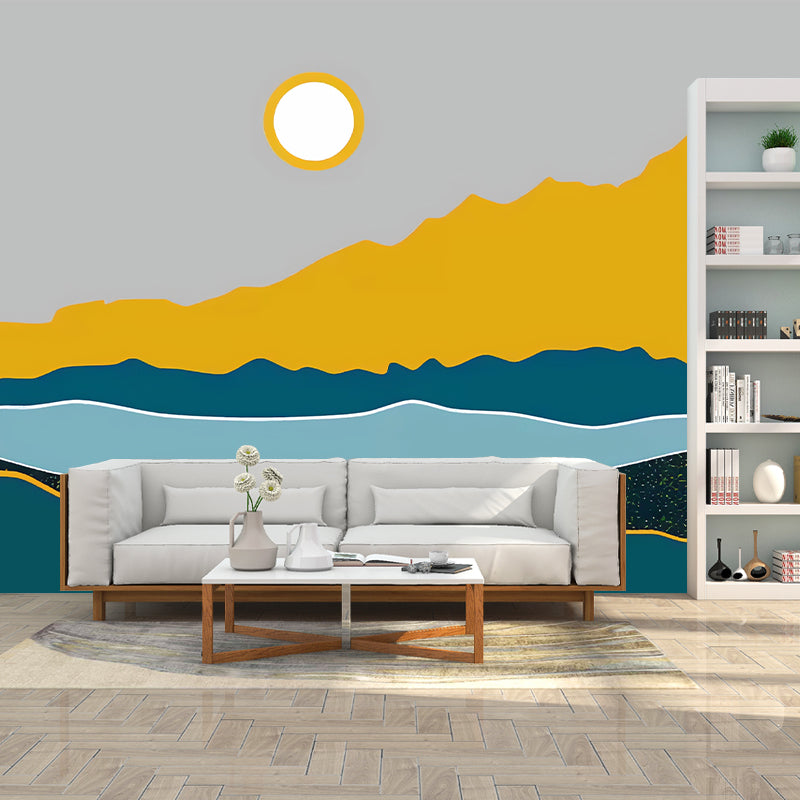Illustration Sun and River Mural Full Size Wall Covering for Dining Room, Made to Measure Clearhalo 'Wall Decor' 'Wall Mural' 977810