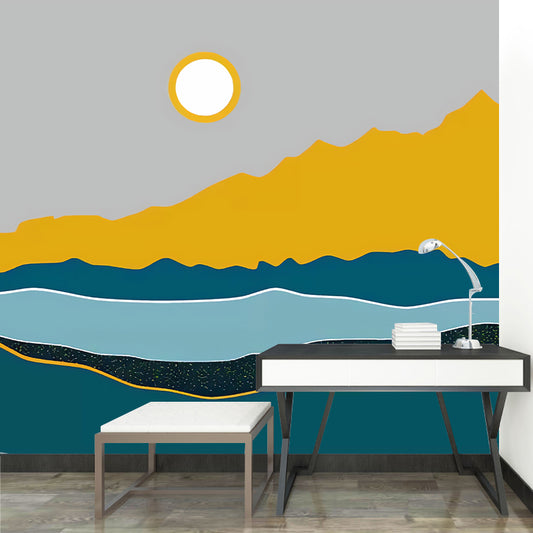 Illustration Sun and River Mural Full Size Wall Covering for Dining Room, Made to Measure Clearhalo 'Wall Decor' 'Wall Mural' 977811