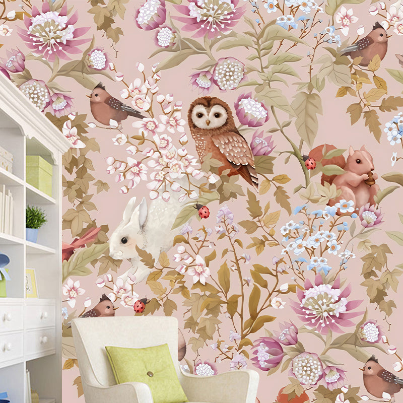 Cute Owl and Squirrel Mural Wallpaper for Girl's Bedroom, Pastel Pink, Made to Measure Pink Clearhalo 'Wall Decor' 'Wall Mural' 977839