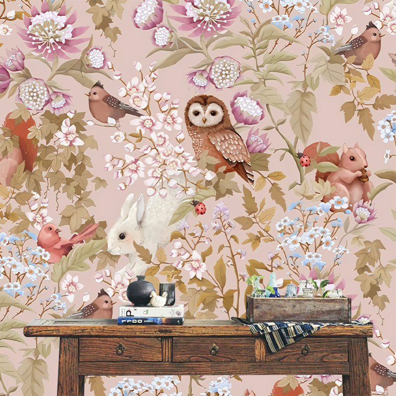 Cute Owl and Squirrel Mural Wallpaper for Girl's Bedroom, Pastel Pink, Made to Measure Clearhalo 'Wall Decor' 'Wall Mural' 977840