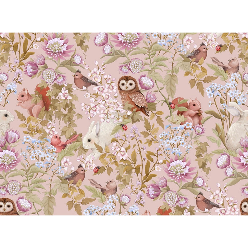 Cute Owl and Squirrel Mural Wallpaper for Girl's Bedroom, Pastel Pink, Made to Measure Clearhalo 'Wall Decor' 'Wall Mural' 977842