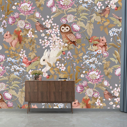 Cute Owl and Squirrel Mural Wallpaper for Girl's Bedroom, Pastel Pink, Made to Measure Blue Clearhalo 'Wall Decor' 'Wall Mural' 977844