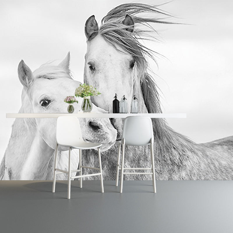 Whole Horse Wall Mural for Gallery Decoration Stain-Resistant Wall Art in Black and White, Made to Measure Black-White Clearhalo 'Wall Decor' 'Wall Mural' 977879