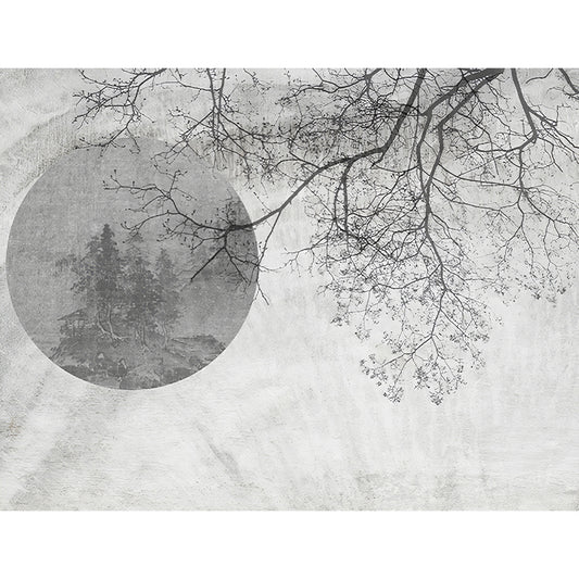 Illustration Moon and Branch Mural Extra Large Wall Decor for Living Room, Made to Measure Clearhalo 'Wall Decor' 'Wall Mural' 978007