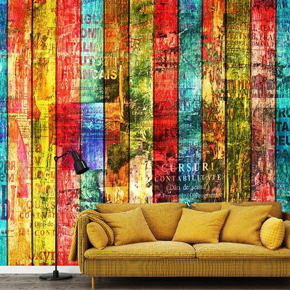 Whole Faux Wood Wall Covering for Coffee Shop Stripe Wall Mural in Multi-Color, Water-Resistant Red-Yellow-Blue-Green Clearhalo 'Wall Decor' 'Wall Mural' 978094