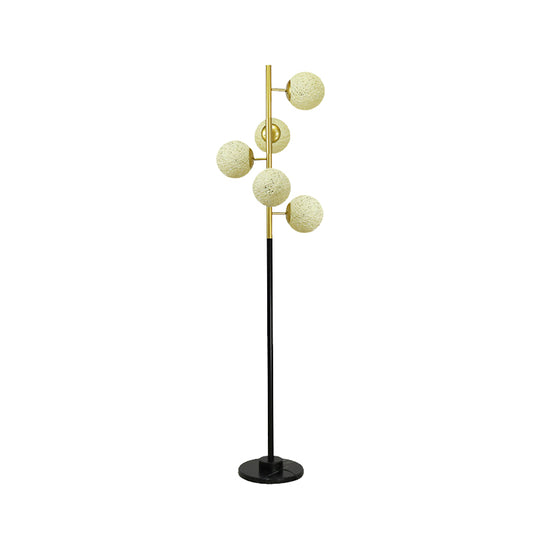 Black-Gold Tree Floor Light Simplicity 5-Bulb Metal Standing Up Lamp with Beige/Milk White Glass Shade Clearhalo 'Floor Lamps' 'Lamps' Lighting' 978458