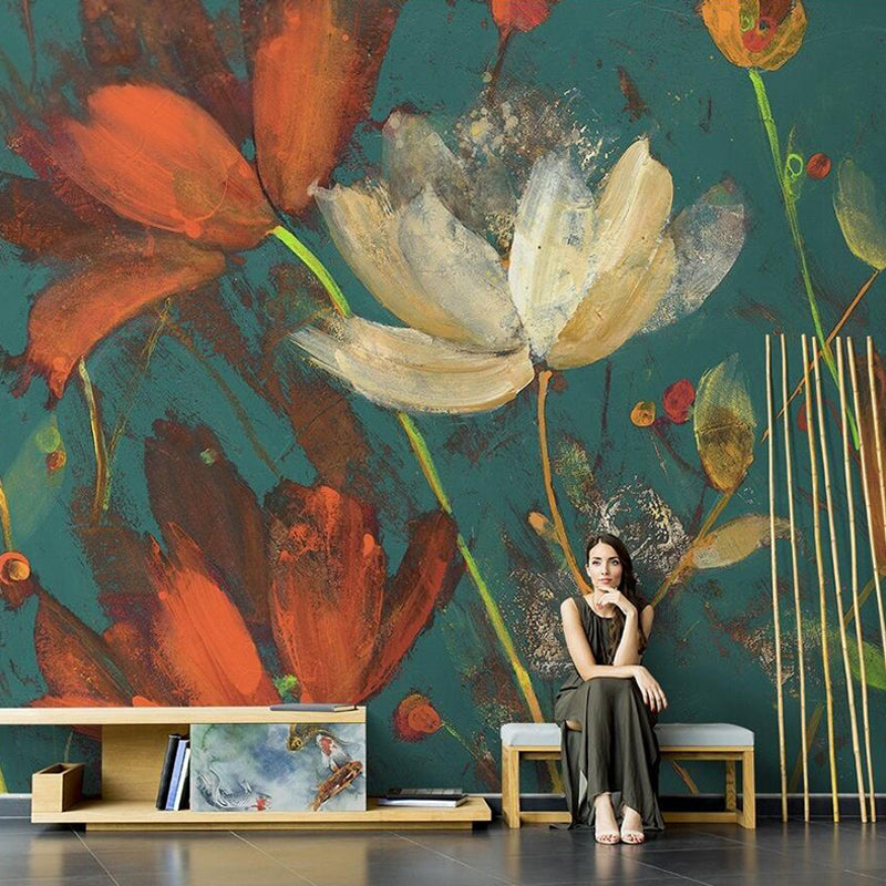 オレンジと緑の花ウォールアートの特大レトロ壁画壁紙、オーダーメイド