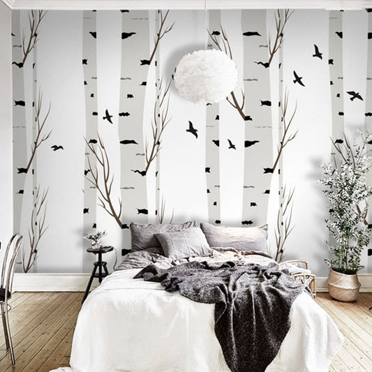 Grey and White Birch Mural Wallpaper Stain-Resistant Wall Covering for Dining Room Decoration