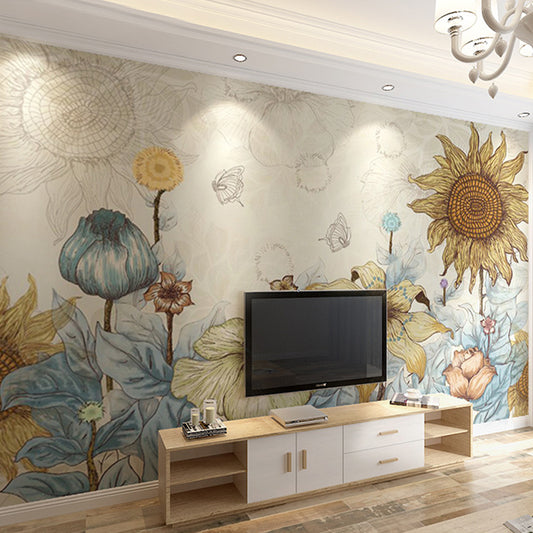 Decorative Sunflower Mural Wallpaper Non-Woven Fabric Nostalgic Wall Covering for Dining Room Decor