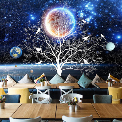 Whole Photography Fashion Mural Wallpaper for Living Room with Planet and Tree Design in Blue and Black Blue-Black Clearhalo 'Wall Decor' 'Wall Mural' 978976