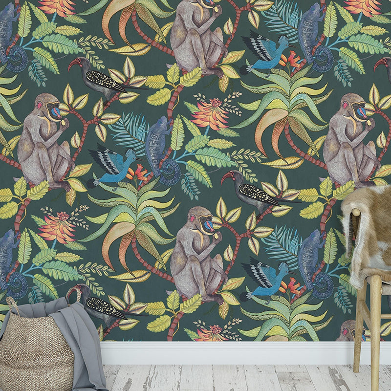 Fresh Jungle and Animal Mural Wallpaper for Accent Wall, Natural Color, Made to Measure Green Clearhalo 'Wall Decor' 'Wall Mural' 979086