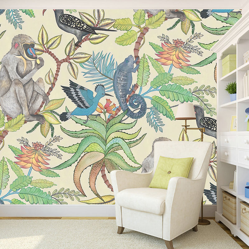 Fresh Jungle and Animal Mural Wallpaper for Accent Wall, Natural Color, Made to Measure Clearhalo 'Wall Decor' 'Wall Mural' 979093