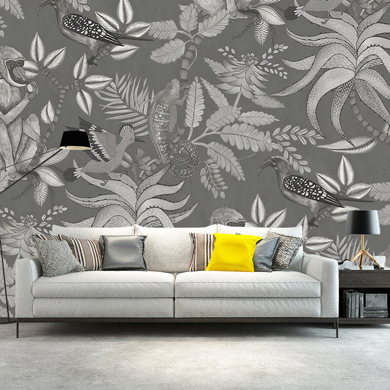 Fresh Jungle and Animal Mural Wallpaper for Accent Wall, Natural Color, Made to Measure Grey Clearhalo 'Wall Decor' 'Wall Mural' 979101