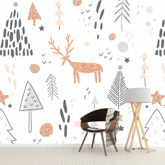 Cartoon Deer Wall Mural Decal in White Non-Woven Fabric Wall Covering for Living Room Decor, Custom-Printed