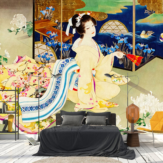 Japanese Woman Wall Mural Decal for Accent Wall Traditional Wall Covering for Bedroom Decor Clearhalo 'Wall Decor' 'Wall Mural' 979192