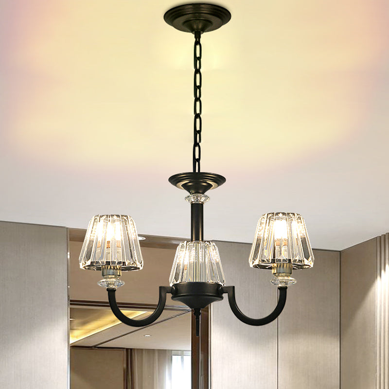 Prismatic Crystal Cone Shade Chandelier Modern 3/6-Light Restaurant Hanging Lamp in Black 3 Black Clearhalo 'Ceiling Lights' 'Chandeliers' 'Modern Chandeliers' 'Modern' Lighting' 979467